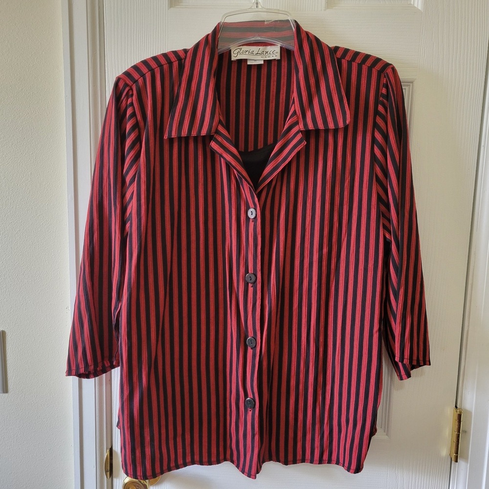 Gloria Lance Woman Blouse Size 2X Red Black Stripe‎ Layered Button Up Faux Tank